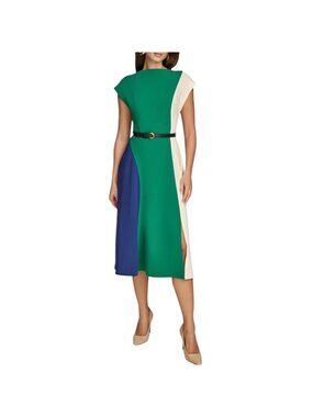 Donna Karan NWT $159 Colorblock Green Blue Ivory Belted Midi Dress Size 14